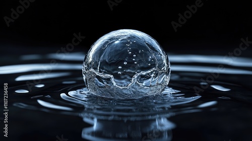 A mesmerizing sphere of water rises above the surface, creating ripples in dark blue water. photo