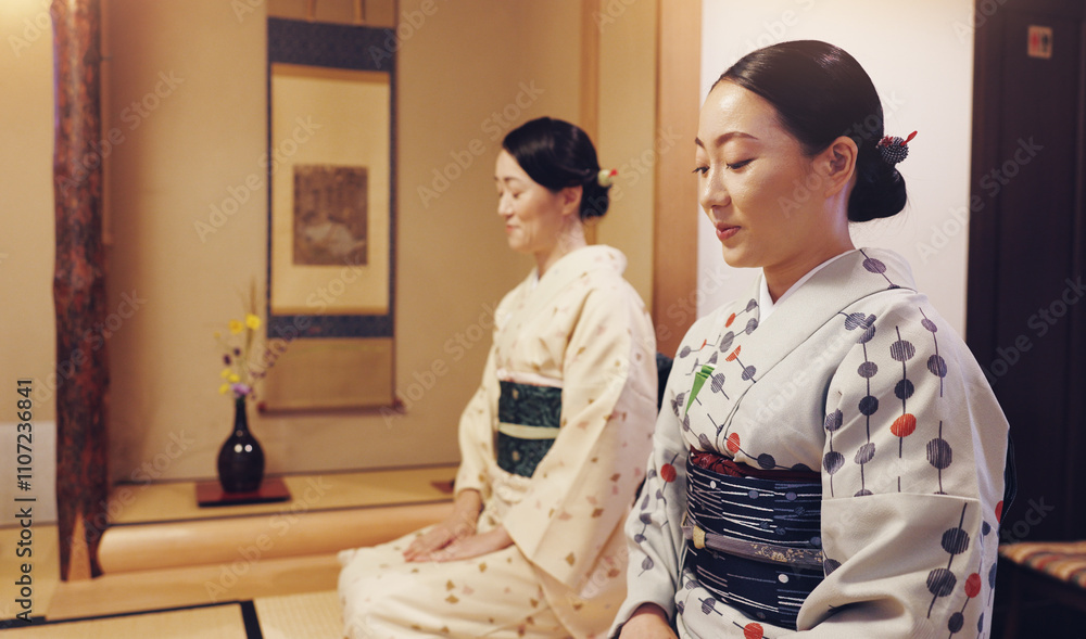 Tea room, guests and women with ceremony, wellness and traditional kimono for culture. Mindfulness, friends and girls with cultural outfit for matcha, tatami and respect for Japanese home hospitality Tea room, guests and women with ceremony, wellness and traditional kimono for culture. Mindfulness, friends and girls with cultural outfit for matcha, tatami and respect for Japanese home hospitality