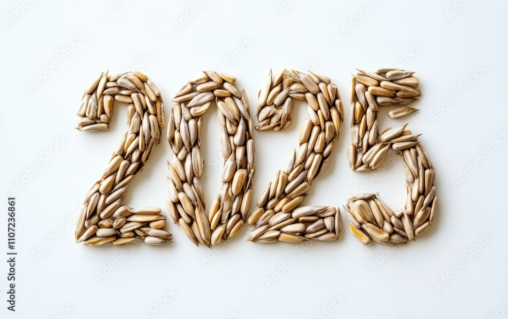 2025 Made of Sunflower Seeds Numbers arranged with shelled sunflower seeds in a clean and organized design. Natural and minimalist, white background. 2025 Made of Sunflower Seeds Numbers arranged with shelled sunflower seeds in a clean and organized design. Natural and minimalist, white background.