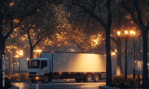 White Delivery Truck Parked Under Nighttime Trees photo