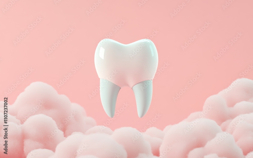 Tooth floating above pink clouds in a whimsical setting. dental and dentis concept. Tooth floating above pink clouds in a whimsical setting. dental and dentis concept.