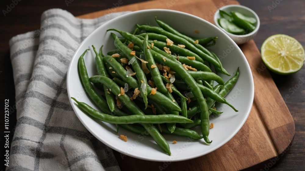 Fresh green beans in white bowl top view Fresh green beans in white bowl top view