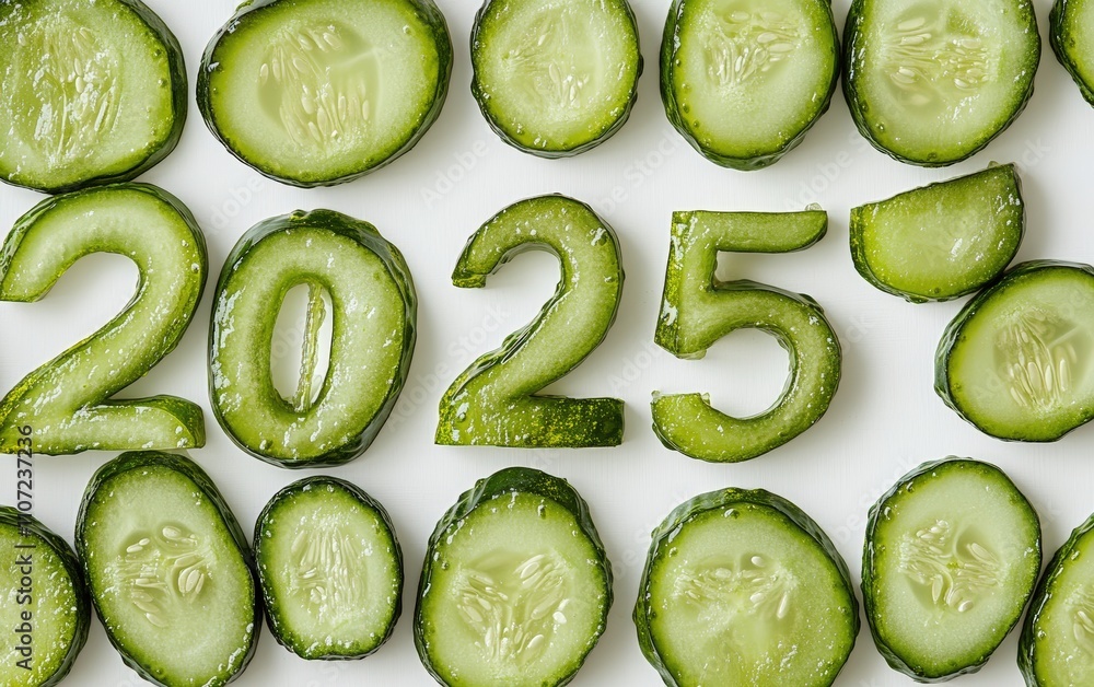 2025 Made of Sliced Pickles Numbers created with circular slices of dill pickles, showing vibrant green tones. Tangy and fun, white background. 2025 Made of Sliced Pickles Numbers created with circular slices of dill pickles, showing vibrant green tones. Tangy and fun, white background.