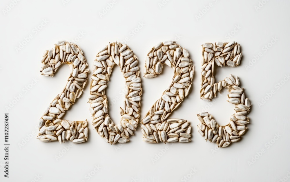 2025 Made of Sunflower Seeds Numbers arranged with shelled sunflower seeds in a clean and organized design. Natural and minimalist, white background. 2025 Made of Sunflower Seeds Numbers arranged with shelled sunflower seeds in a clean and organized design. Natural and minimalist, white background.