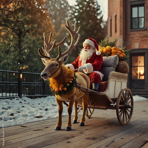 A pretty wall paper of colourful  Christmas scenario and Santa clause on his deer chariot filled with gifts  photo