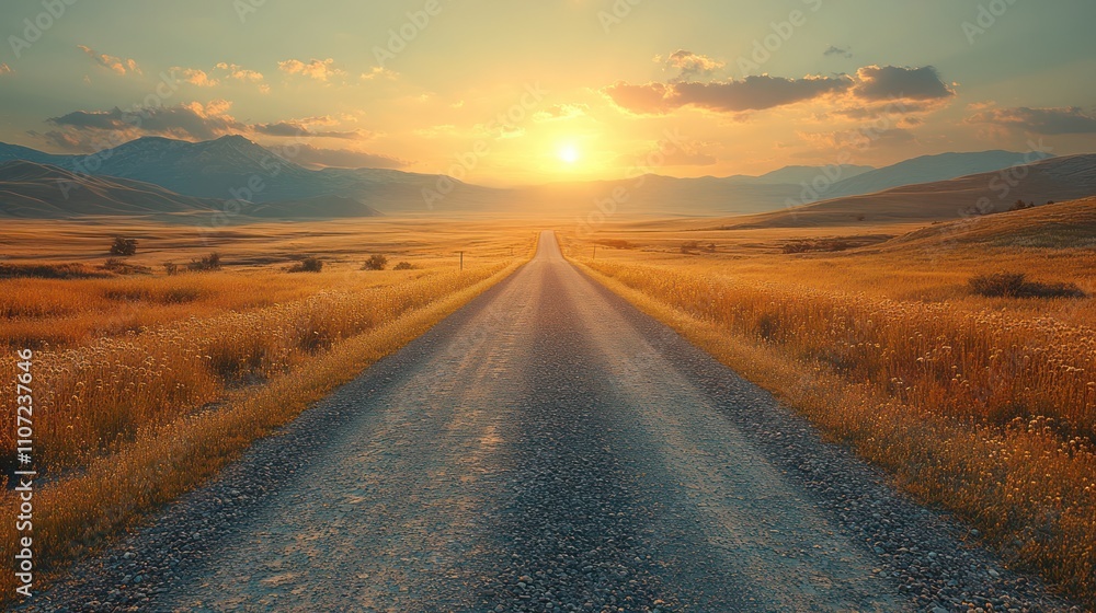Naklejka premium Sunset over a long, empty gravel road leading to mountains.
