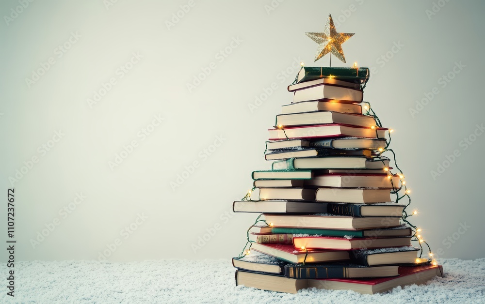 A Christmas tree made entirely of stacked books with fairy lights and a star topper, placed on a white background A Christmas tree made entirely of stacked books with fairy lights and a star topper, placed on a white background