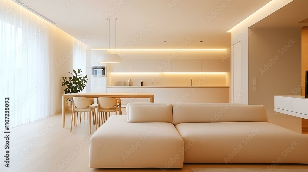Fototapeta premium Modern Scandinavian apartment interior, living room with a soft beige couch, sleek dining area, and a bright, open layout with simple decor