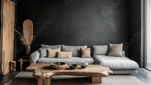 Modern nomadic living room, raw-edge wooden table, gray sofa with rustic charm, black stucco wall, and earthy minimalist decor