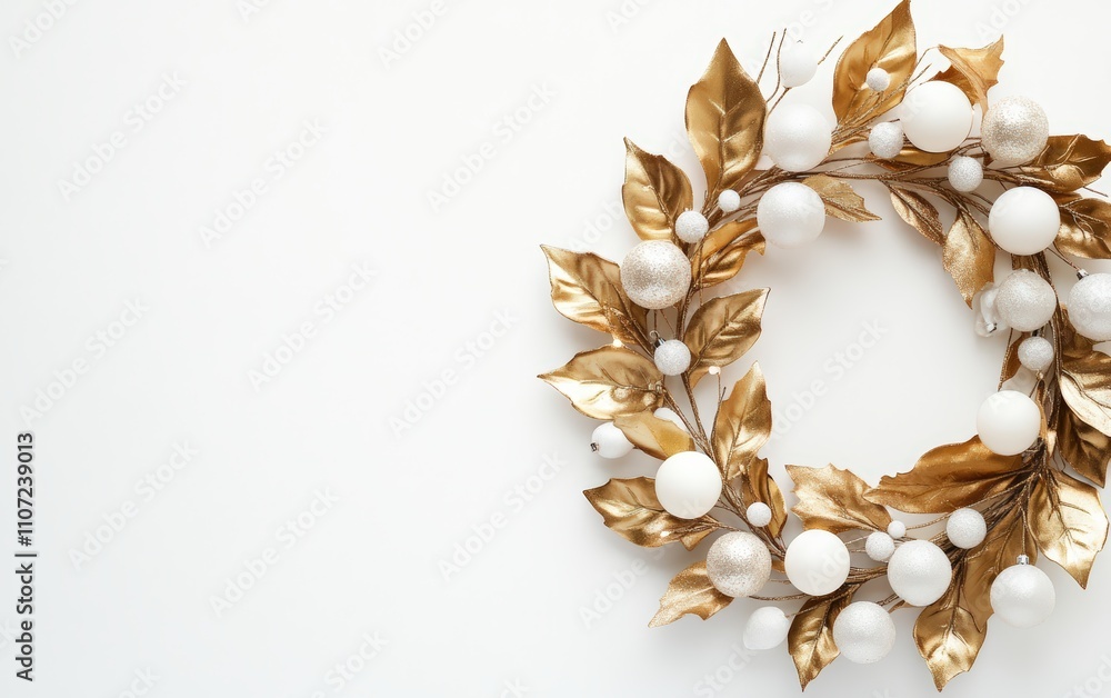A chic modern wreath made of metallic gold leaves and white baubles displayed on a clean white background