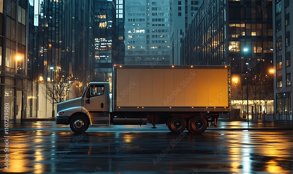 Delivery Truck Driving Through City At Night Delivery Truck Driving Through City At Night