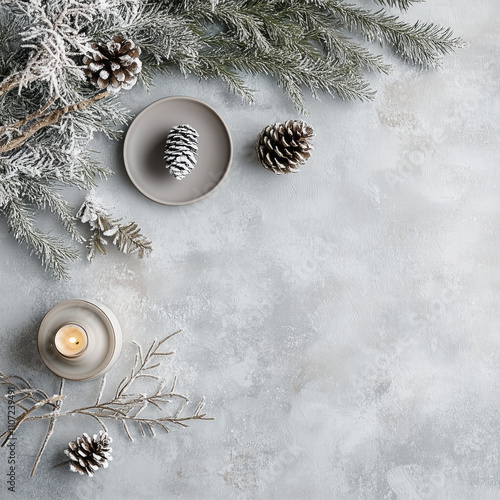 Cozy Winter Composition with Pinecones and Greenery. Scandinavian Christmas Aesthetic Background. Minimal Christmas Background with Snowy Details