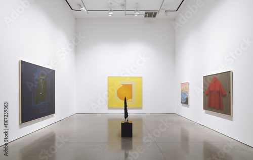 Modern art gallery, with white walls showcasing a variety of abstract paintings