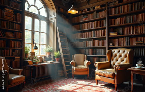 Vintage bookstore filled with rows of old, leather bound books