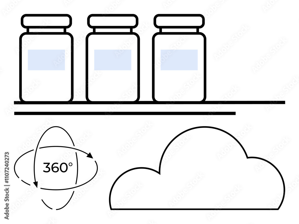 Three pharmaceutical bottles on a shelf, 360-degree rotation arrows, cloud outline. Ideal for medical storage, data protection, cloud solutions, pharmacy inventory, digital transformation, virtual Three pharmaceutical bottles on a shelf, 360-degree rotation arrows, cloud outline. Ideal for medical storage, data protection, cloud solutions, pharmacy inventory, digital transformation, virtual