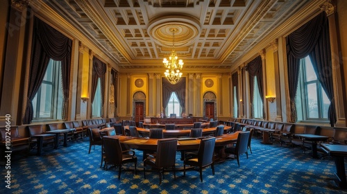 United States Senate Hearing Room with Committee Members at Dais and Seal photo