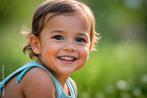 Happy toddler smiling outdoors in a green field