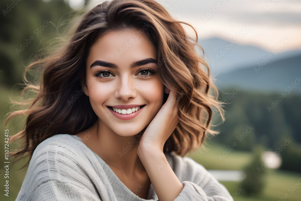 Beautiful smiling woman enjoying mountain view, close up portrait of cheerful girl Beautiful smiling woman enjoying mountain view, close up portrait of cheerful girl
