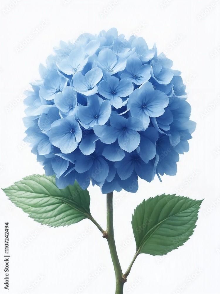 Beautiful Blue Hydrangea Flower Blooming on a White Background Showcasing Delicate Petals and Lush Green Leaves for Nature and Floral Design Use Beautiful Blue Hydrangea Flower Blooming on a White Background Showcasing Delicate Petals and Lush Green Leaves for Nature and Floral Design Use