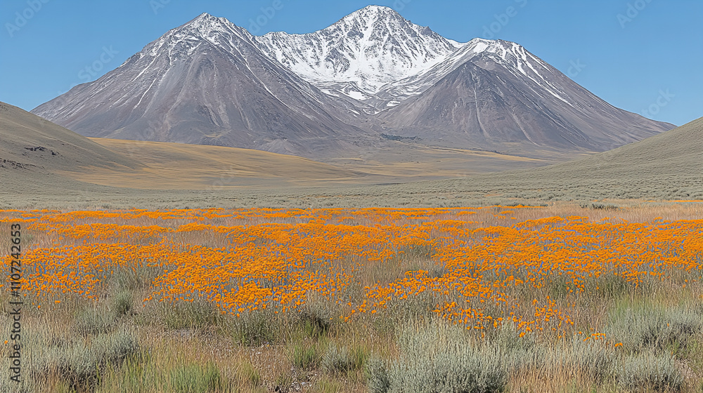 Fototapeta premium vibrant field of orange wildflowers blooms under clear blue sky, with majestic snow capped mountains in background, creating stunning natural landscape