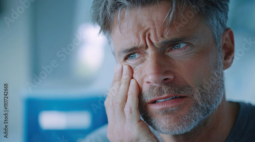 A man, gripping his cheek, winces in discomfort, showcasing a deep anguish from a severe toothache. His expression reveals worry and the urgent need for relief from the unbearable pain. photo