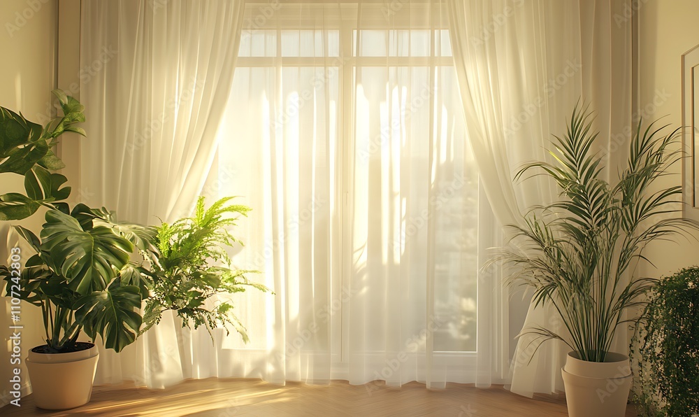 Fototapeta premium Sunlit Room with Sheer Curtains and Potted Plants