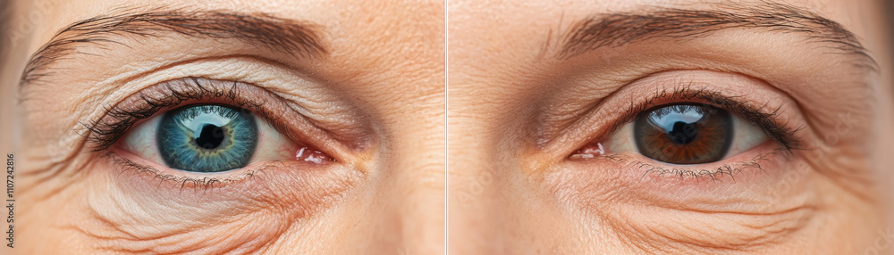 Fototapeta premium Surgery eyelid rejuvenation concept. The image contrasts two eyes: one blue and one brown, highlighting different features such as wrinkles and skin texture.