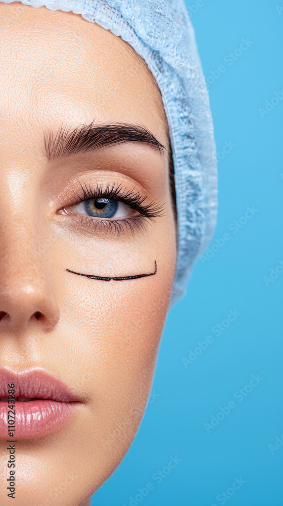 Surgery eyelid rejuvenation concept. A close-up of a woman's face with a surgical marking under her eye, wearing a light blue cap, set against a vibrant blue background. Surgery eyelid rejuvenation concept. A close-up of a woman's face with a surgical marking under her eye, wearing a light blue cap, set against a vibrant blue background.