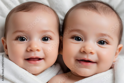 Two smiling twin babies wrapped in white towel