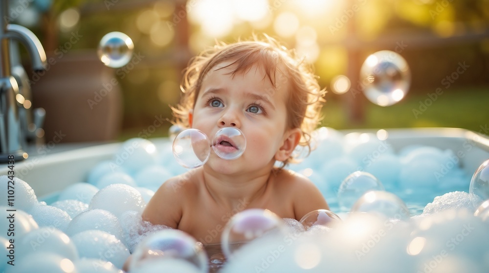 Toddler enjoys playtime in a bubble-filled outdoor tub during golden hour in a sunlit garden Toddler enjoys playtime in a bubble-filled outdoor tub during golden hour in a sunlit garden