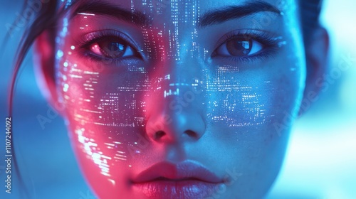 Woman face with futuristic technology concepts and AI-driven innovation, symbolizing the exploration of future technology trends with AI assistance, Generative AI photo