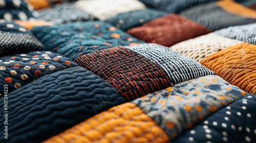 Close-up of a colorful patchwork quilt with various patterns and textures. The quilt features blue, orange, and white patches with different designs, creating a visually striking composition. photo