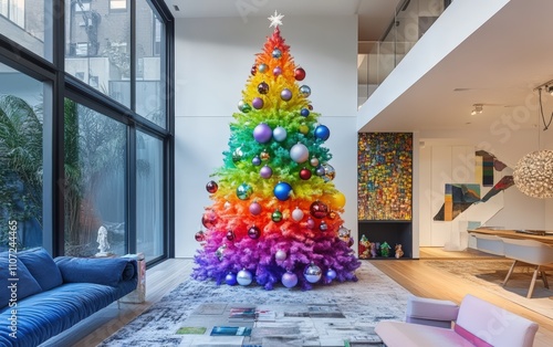 A modern home with a bold and colorful design The Christmas tree is painted in gradient rainbow hues, with matching ornaments for a playful and eye-catching centerpiece photo