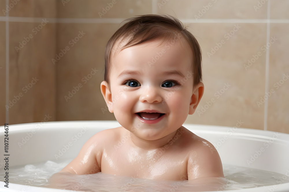 Happy baby taking a bath and smiling at home Happy baby taking a bath and smiling at home
