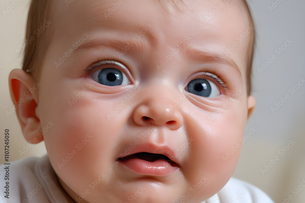 Portrait of baby with big blue eyes making a funny face