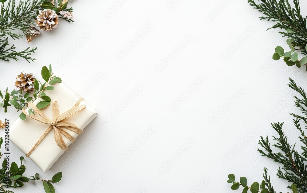 Fototapeta premium A Scandinavian-inspired wreath with minimalistic greenery and a simple bow on a white backdrop