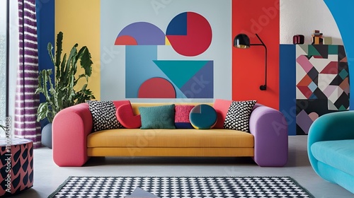 Postmodern Memphis-style living room, vibrant sofa as the centerpiece, bold abstract geometric shapes on walls, and playful decor accents