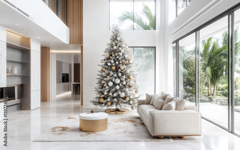 A sophisticated living room with a minimalist Christmas tree adorned with white and gold decorations The bright and open space is designed with a modern touch and festive accents A sophisticated living room with a minimalist Christmas tree adorned with white and gold decorations The bright and open space is designed with a modern touch and festive accents