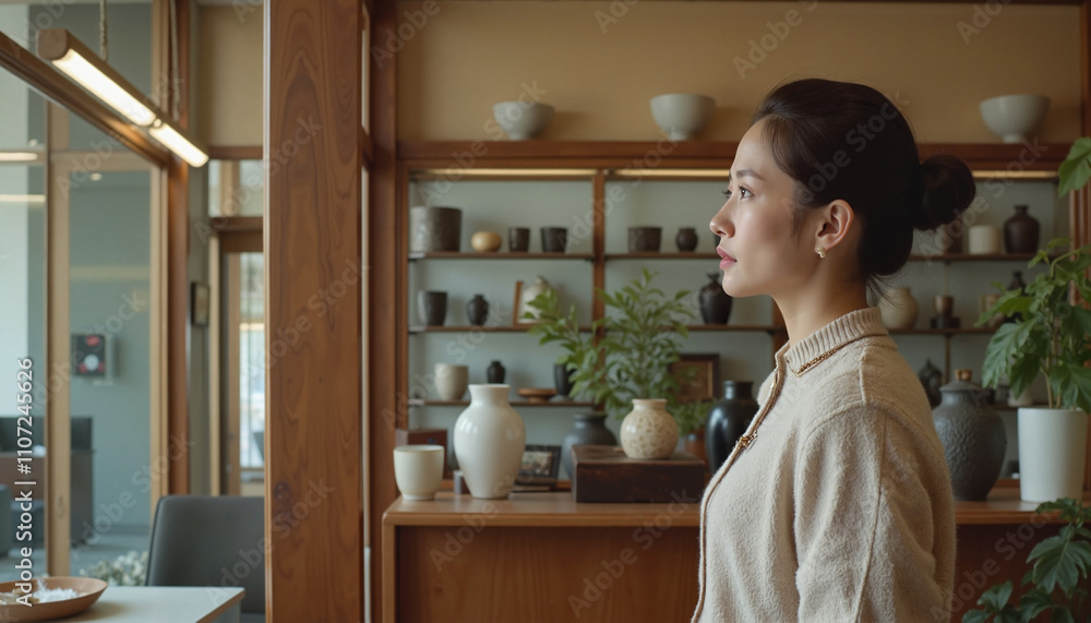 Young woman in serene room with urns on wooden shelves Young woman in serene room with urns on wooden shelves