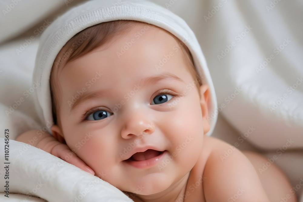 Adorable baby wearing white knitted hat smiling and relaxing on soft blanket Adorable baby wearing white knitted hat smiling and relaxing on soft blanket