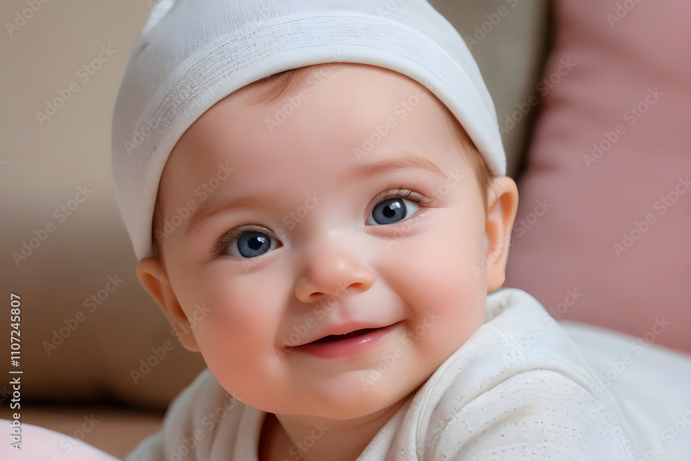 Adorable baby smiling and wearing white beanie Adorable baby smiling and wearing white beanie