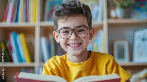 A cheerful kid portrait of a young boy wearing glasses, smiling widely while reading a book in a cozy nook photo