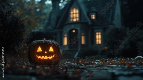 Lit Jackolantern Outside A Spooky House At Night photo