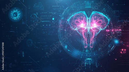 An abstract representation of a human reproductive system with glowing elements and data overlays, set against a dark, modern background