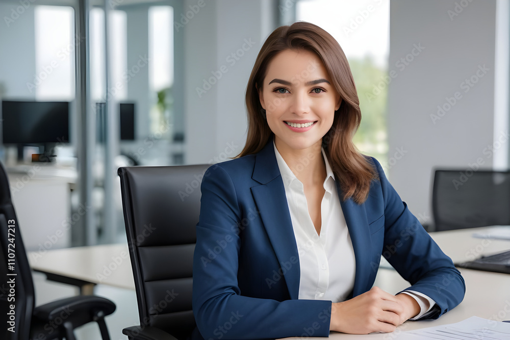 Smiling businesswoman sitting at desk in modern office Smiling businesswoman sitting at desk in modern office