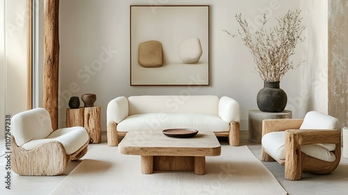 Serene Japandi living room, minimalist wood furniture, art frame on a neutral wall, and soft natural lighting creating a tranquil vibe