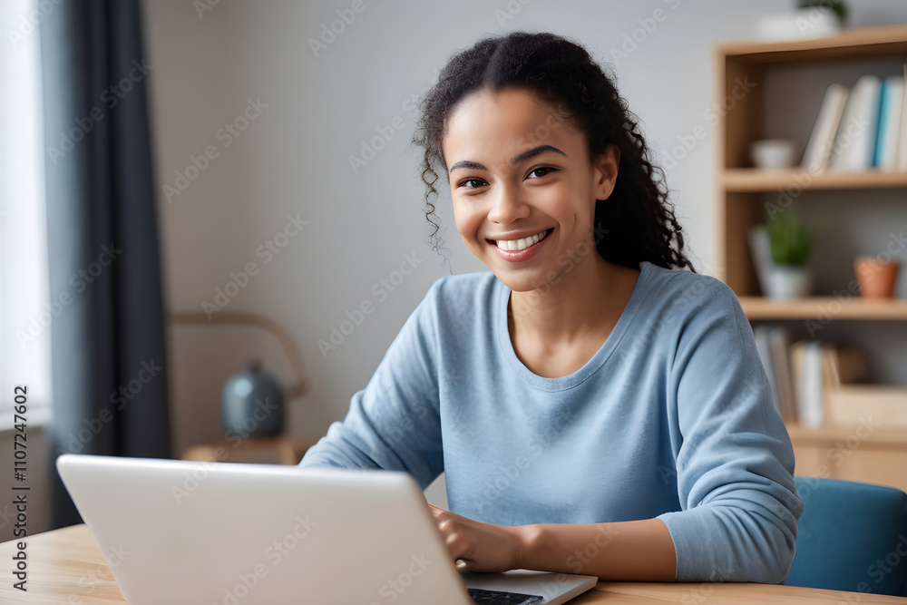 Smiling young woman working remotely from home office using laptop Smiling young woman working remotely from home office using laptop