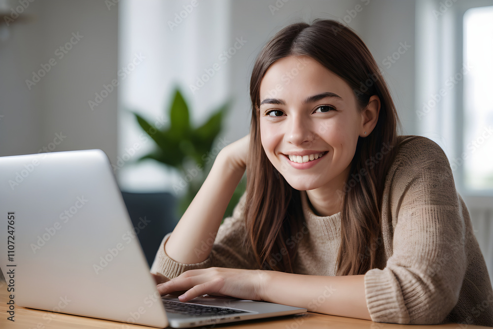 Smiling young woman working on laptop at home office Smiling young woman working on laptop at home office