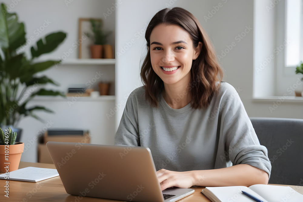 Smiling woman working remotely from home office using laptop Smiling woman working remotely from home office using laptop