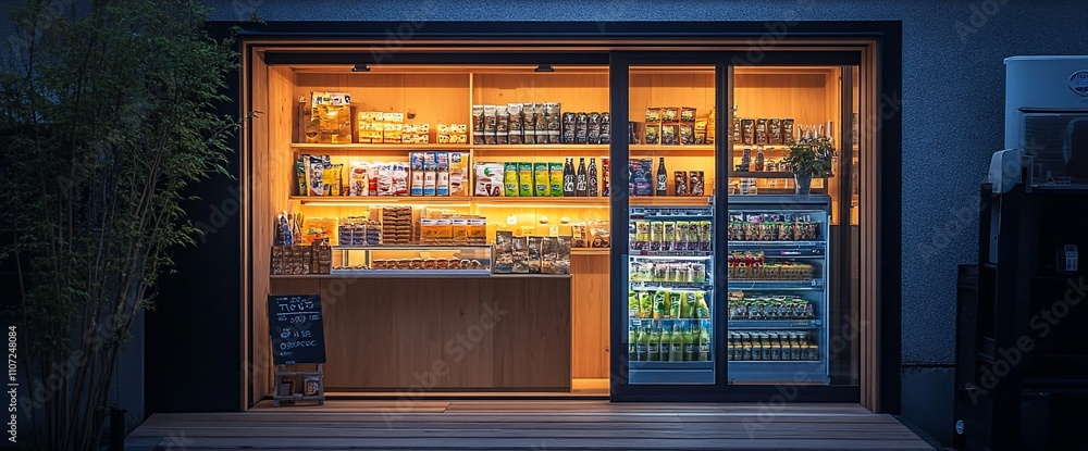 A cozy convenience store filled with snacks and drinks, warmly lit. A cozy convenience store filled with snacks and drinks, warmly lit.